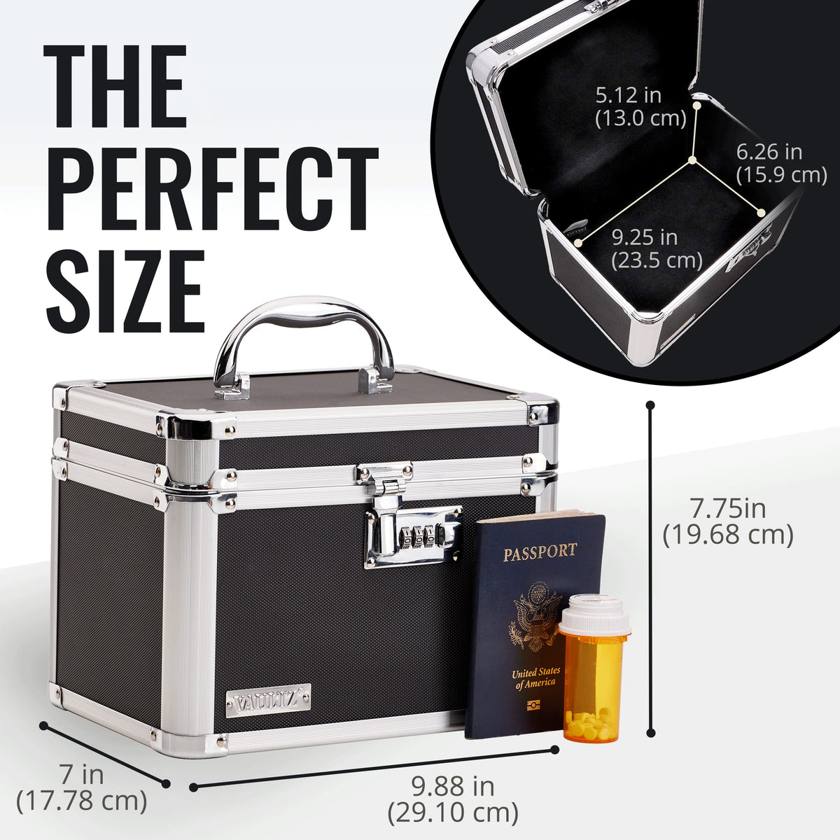 Vaultz Secure Security Lock Boxes - Safe Combination Lock Box, Storage for Documents, Valuables, Medicine & Money - 9.88 x 7.75 x 7 Inch - Black/Chrome