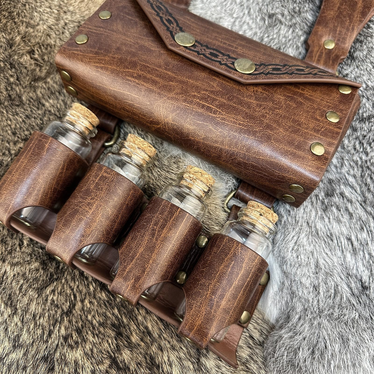 HiiFeuer Medieval Alchemy Faux Leather Belt Bag with 4 Cork Potion Vials, Fantasy Wizard Waist Pouch Side Pack for Ren Faire (Light Brown A)