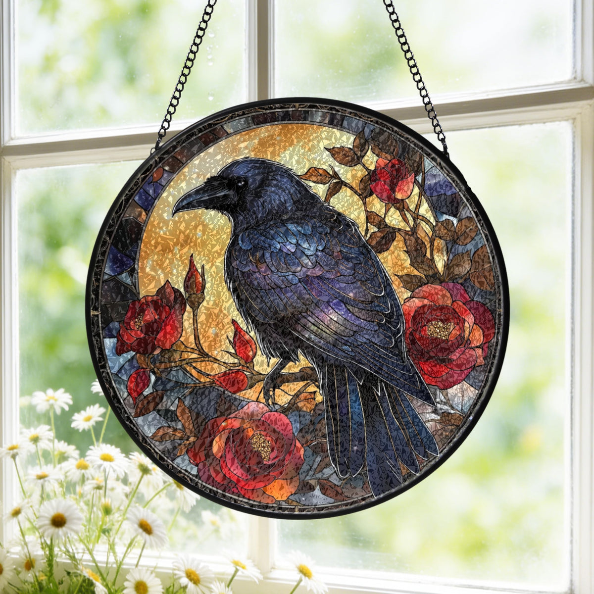 Gothic Black Raven Moon Roses Stained Glass Window Hanging Sun Catchers Dark Crow Glass Panel Hangings Crow Gift for Mom Grandma Halloween Lover Gift for Mom Holiday Ornament Housewarming 7.9inch