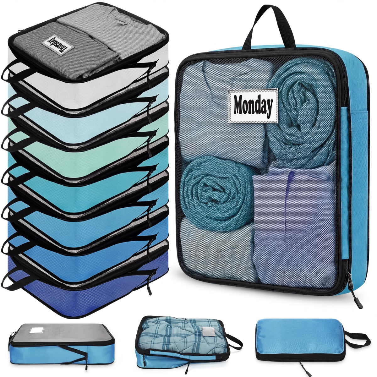 Bulyoou 7 Pcs Packing Cubes for Travel Days of Week Compression Packing Cube with Labels Organizers Luggage Storage Bag(Blue,Large)