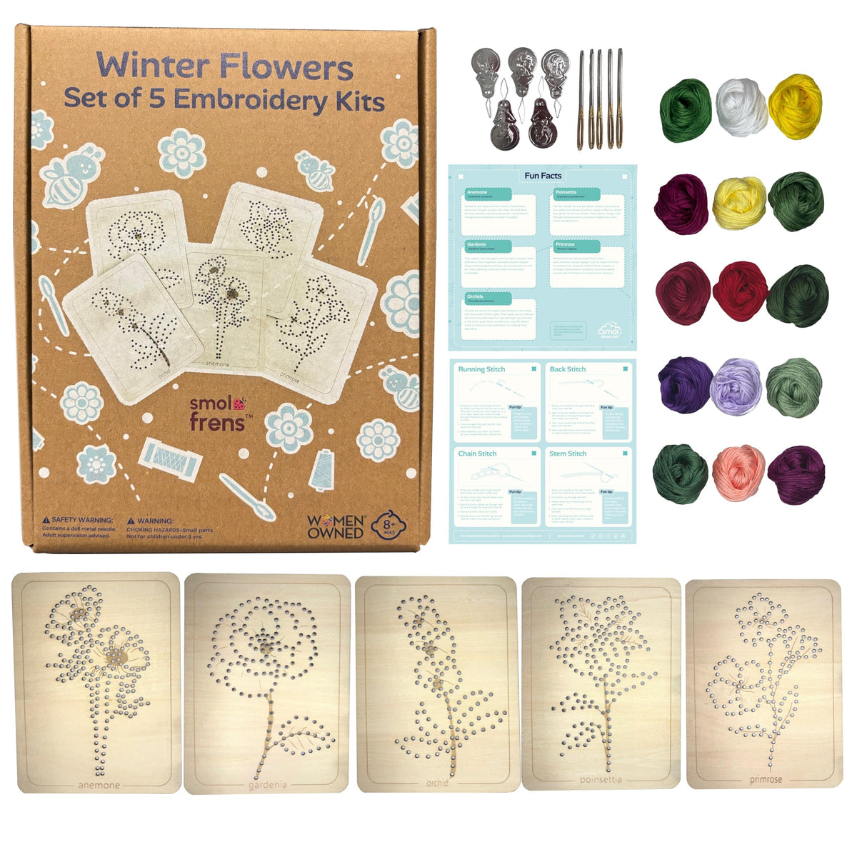 Wooden Flower Lacing Embroidery Kits for Beginners, Set of 5 Learn-to-Stitch Craft Boards, Sewing & Embroidery Art Kits for Kids Ages 8+, DIY Craft Projects, Educational Gifts, Party Favors (Winter)