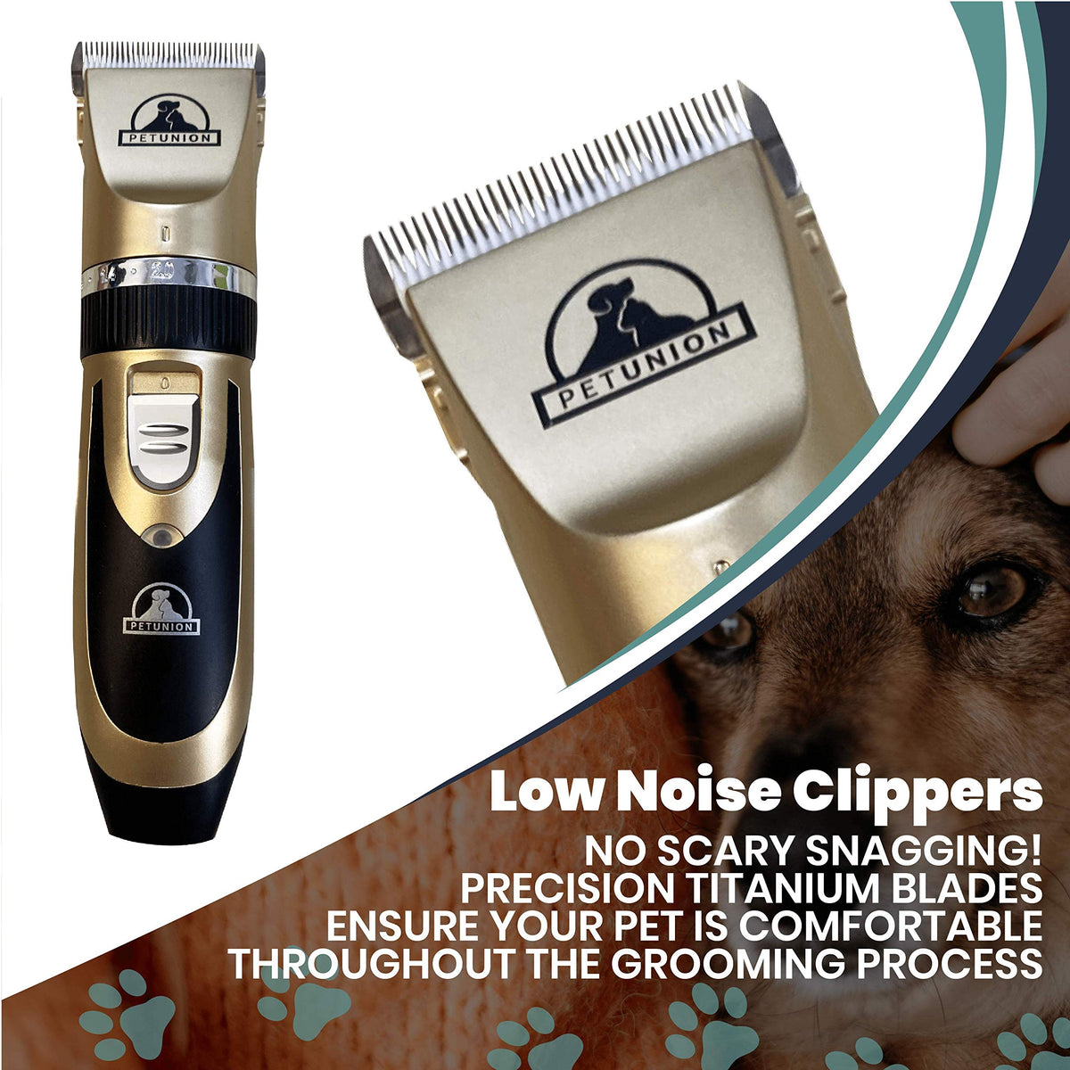 Pet Union Professional Dog Grooming Kit - Rechargeable, Cordless Pet Grooming Clippers & Complete Set of Dog Grooming Tools. Low Noise & Suitable for Dogs, Cats and Other Pets (Gold)