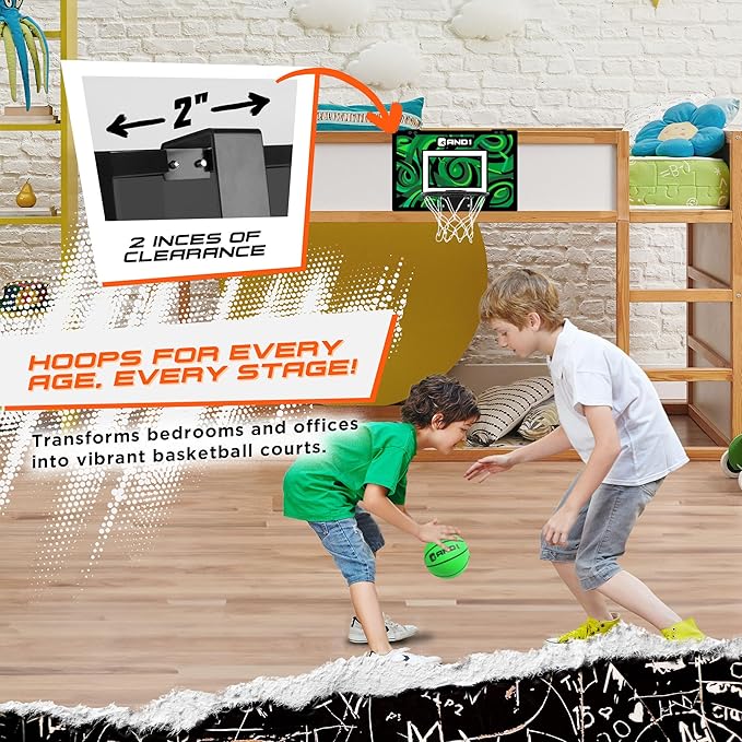 AND1 Over the Door Mini Basketball Hoop: 18x12 Shatterproof Backboard, 2 Mini Basketballs, and Hand Pump Included- Ultimate Indoor Basketball Accessory for Kids and Adults, No Tools Required