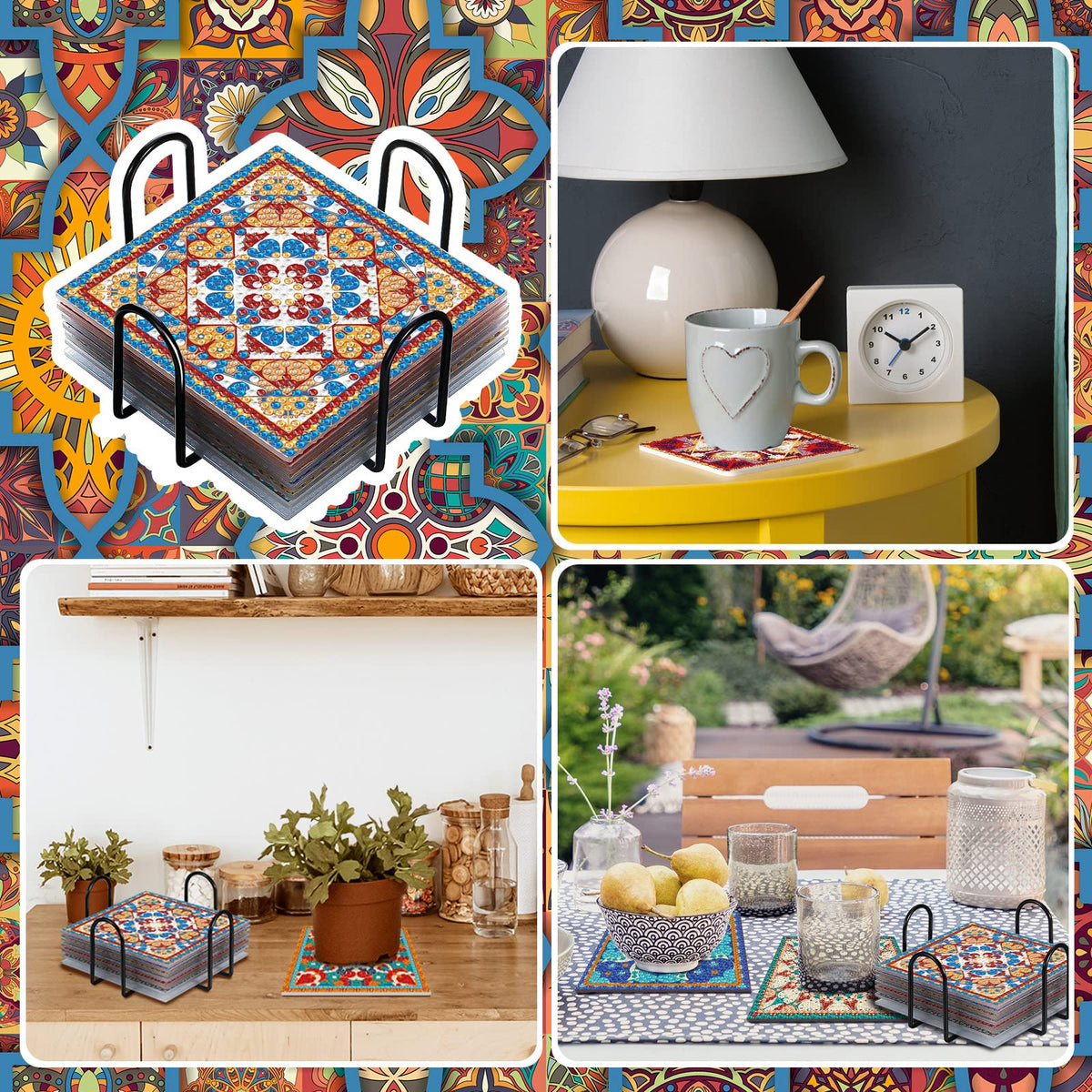 Purpeak 8 Pcs Diamond Coasters Diamond Painting Coasters DIY Mandala Kits with Holder Square Boho Paisley Art 5d Kits for Beginners Adults Craft