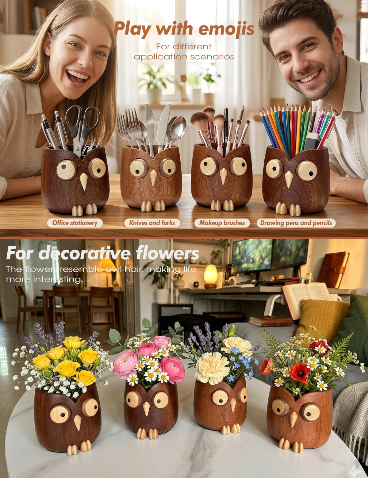WODTILIFE Cute Owl Pen Holder for desk, funny wooden pencil holder with Magnetic Rotating Eyes emoji, Ebony solid wood hollow design, for Office accessories School Home and Holiday Gifts.(Brown)