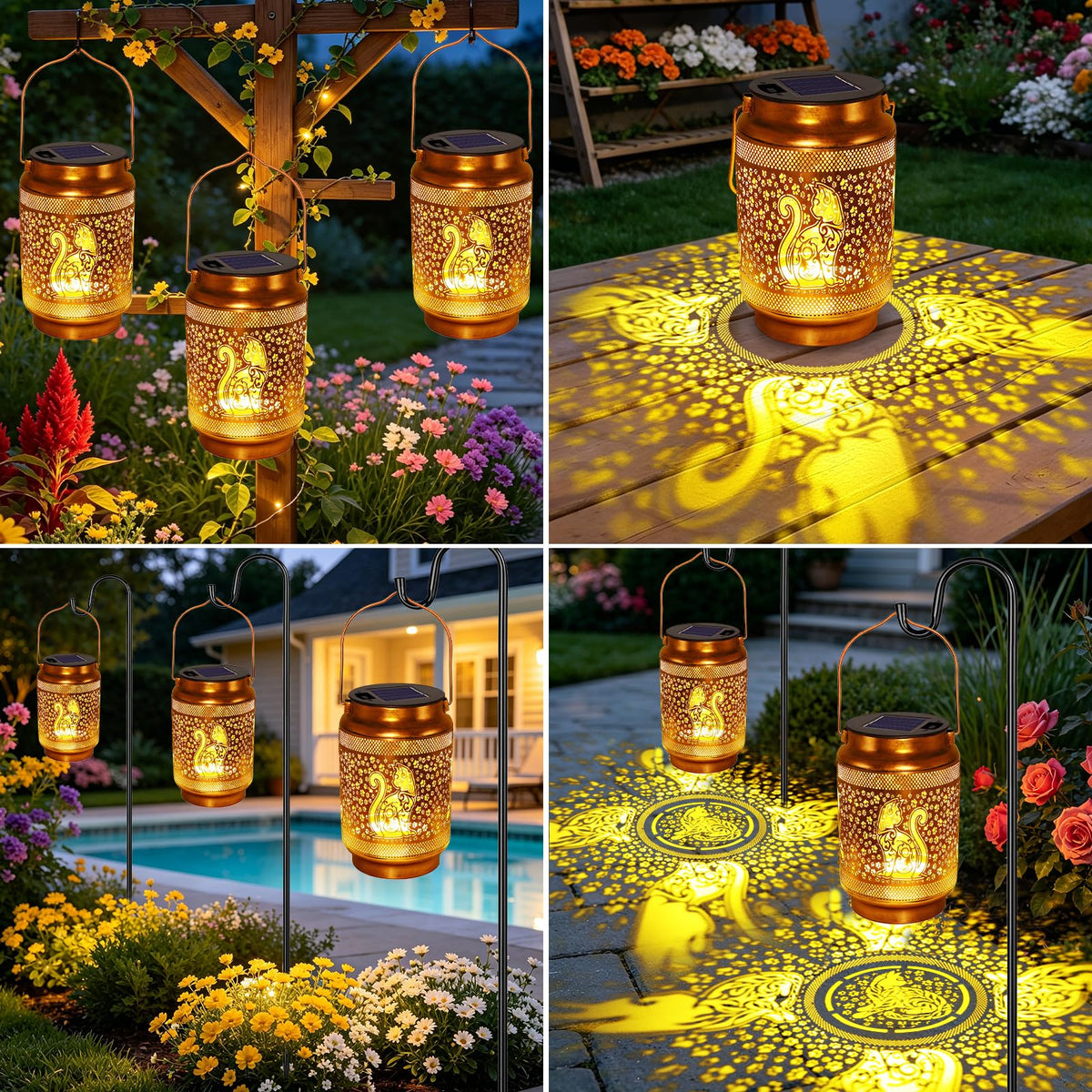 2 Pack Cat Solar Lanterns Outdoor Waterproof Garden Decor, Dragonfly Birthday Gifts for Christmas Women Mom Grandma, Metal Hanging Solar Lights for Outside Yard Patio Pathway Backyard Porch