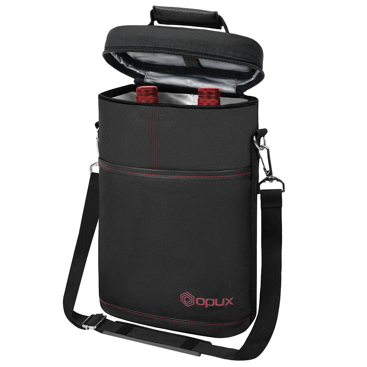 opux 2 Bottle Wine Carrier Tote, Insulated Leakproof Wine Cooler Bag, Wine Travel Bag Tote for Picnic BYOB Beach, Portable Wine Bottle Carrying Case, Gift for Wine Lover Women Men Christmas, Black
