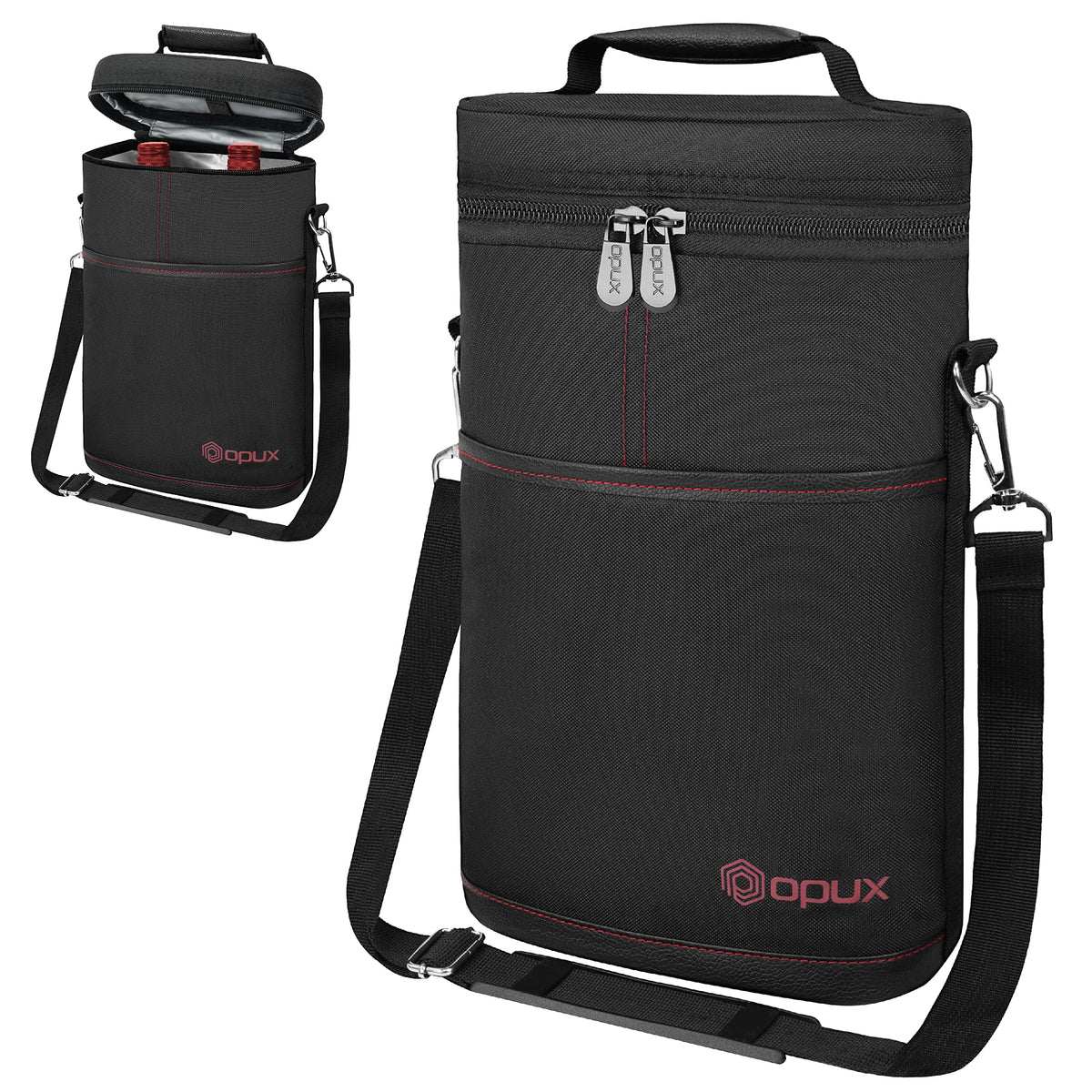 opux 2 Bottle Wine Carrier Tote, Insulated Leakproof Wine Cooler Bag, Wine Travel Bag Tote for Picnic BYOB Beach, Portable Wine Bottle Carrying Case, Gift for Wine Lover Women Men Christmas, Black