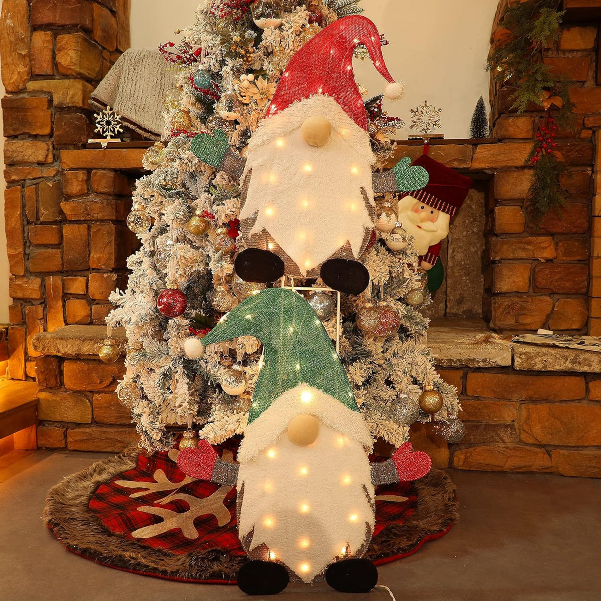 Waterglide Lighted Christmas Tinsel Gnomes - 24 Inch Pre-Lit 2D Stacked Gnome Decorations for Indoor/Outdoor Holiday Decor