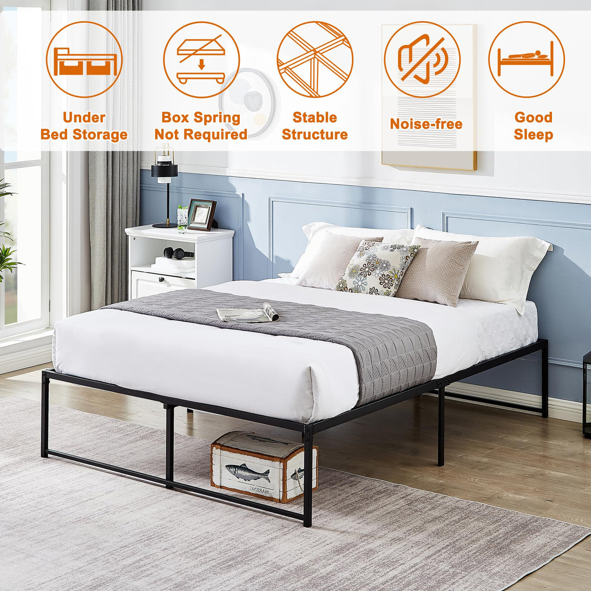 VECELO Full Size Metal Platform Bed Frame No Box Spring Needed 14 Inch Heavy Duty,Matte Black