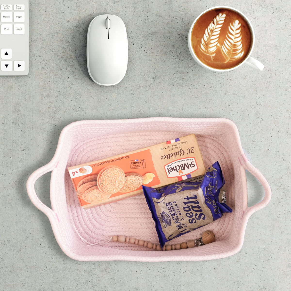 Woven Cotton Rope Storage Basket with Handles for Organizing Shelves Closet Small Cat Dog Pet Toy Baskets Box Bin Decorative Rectangle Baby Nursery basket Gift Basket Empty Light pink