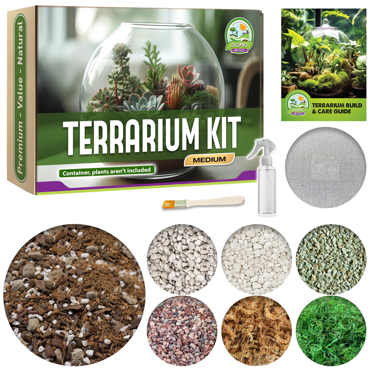 DUSPRO Recycle Terrarium Kit, Include Potting Soil, Pumice, Zeolite, Green Moss, Sphagnum Moss, Decorative Stone, Mesh, Tools, DIY Terrarium Kit for Kids, Air Plant, Succulent