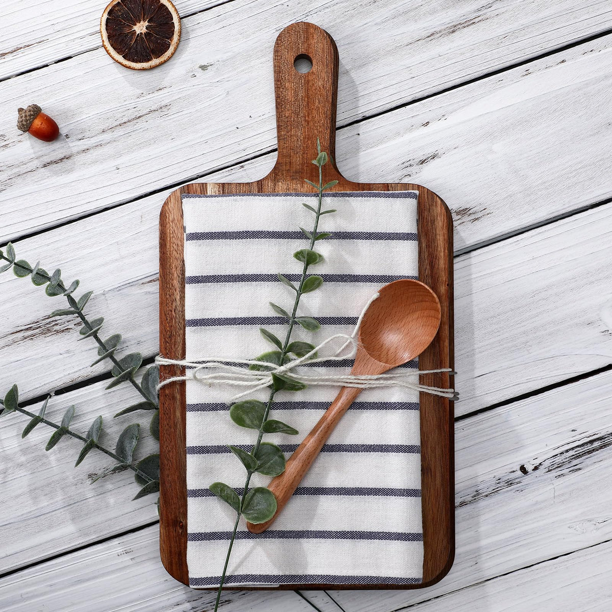 Reallnaive Housewarming Gifts New Home Wedding Hostess Gifts Set Include Towel Cutting Board Spoon and Eucalyptus Stem for Homeowners Wedding Party New Home Housewarming