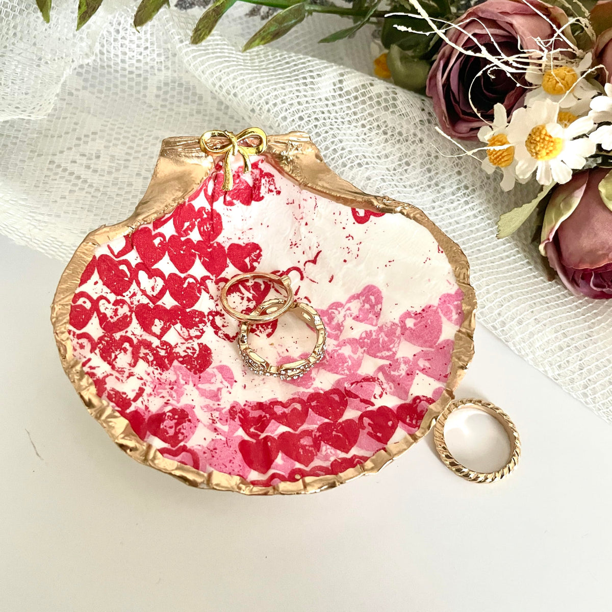 Distressed Hearts Love Trinket Gifts for Women Girls, Handmade Home Decor 3.5" Organic Shell Jewelry Tray Ring Storage Dish, Birthday Bridal Wedding Valentines Mothers Day Best Mom Graduation Gifts