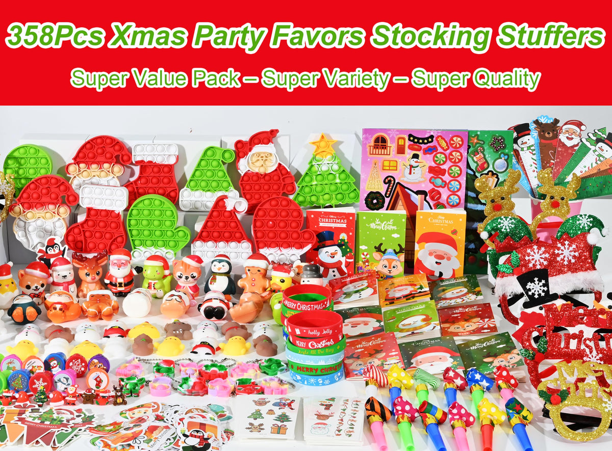 358PCS Christmas Party Favors Supplies Decoration, Goodie Bag Pinata Stocking Stuffers Bulk, Treasure Box Toy for Classroom Rewards, Advent Calendar Stuff Filler, Carnival Prizes, Xmas Birthday Gifts