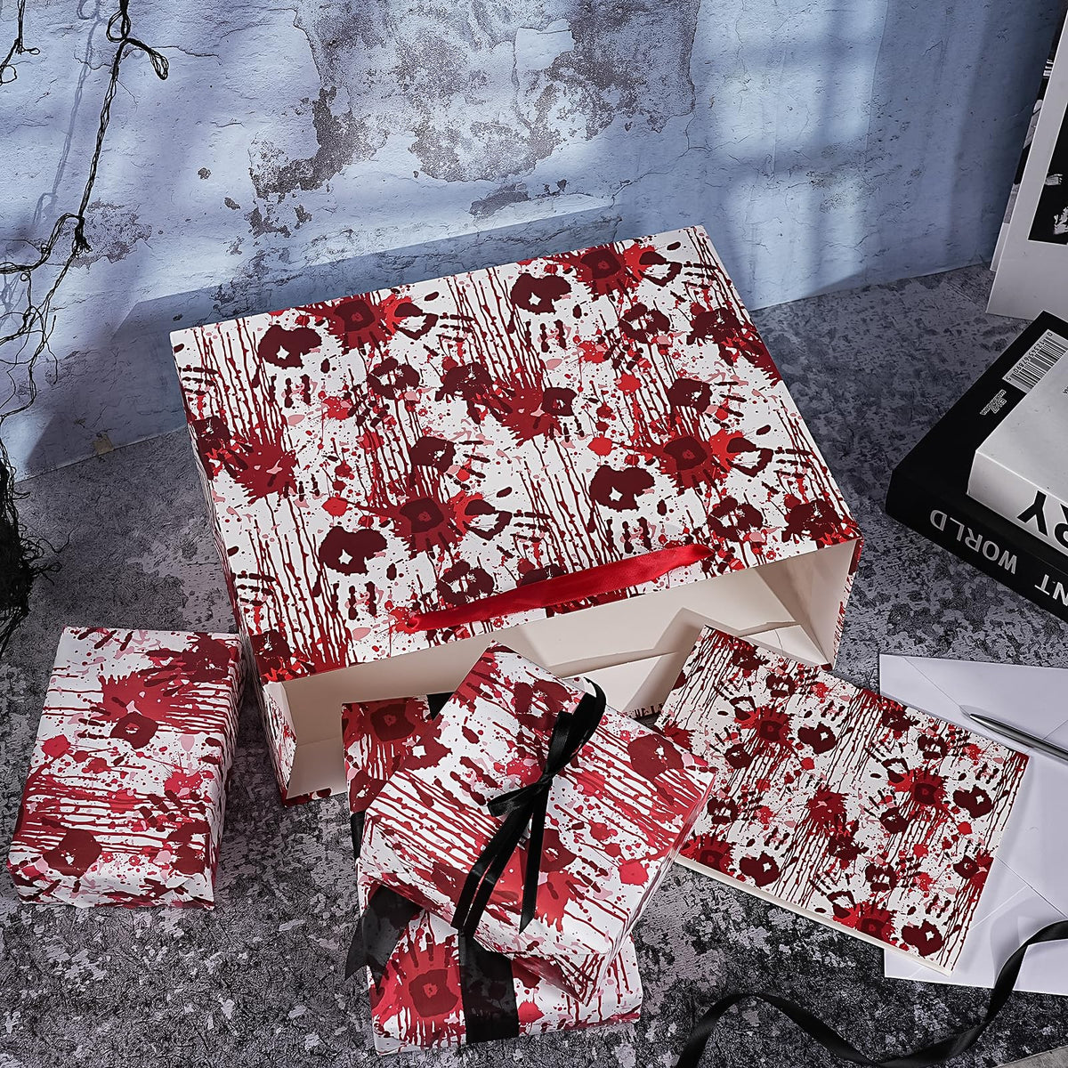 WRAPAHOLIC Bloody Halloween Large Gift Bags with Tissue Paper and Card - 10 x 5 x 13 inch - Spooky Blood Splatter and Handprint Halloween Paper Bags for Holiday, Party Gift Wrap (Pack of 2)