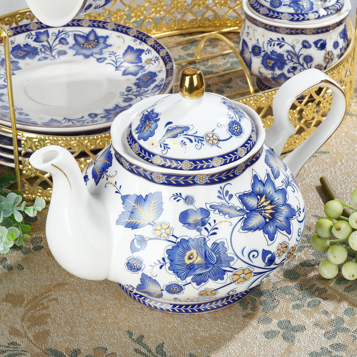 fanquare Porcelain Tea Sets,Blue British Coffee Cups& Saucer Service for 6, with Teapot,Sugar Bowl,Creamer Pitcher and Golden Metal Rack