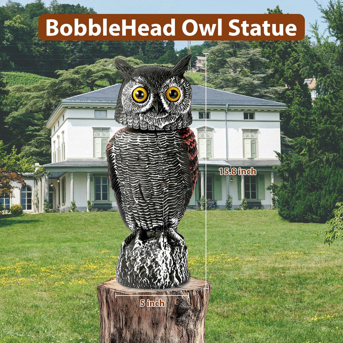 WonderField Fake Owl Decoys to Scare Birds Away-15.8 Inch, Rotating Head Sculptures, Nature Enemy Scarecrow Plastic Owl Statues, Bird Control and Pigeon Deterrent Outdoor for Outside, Patio, Yard