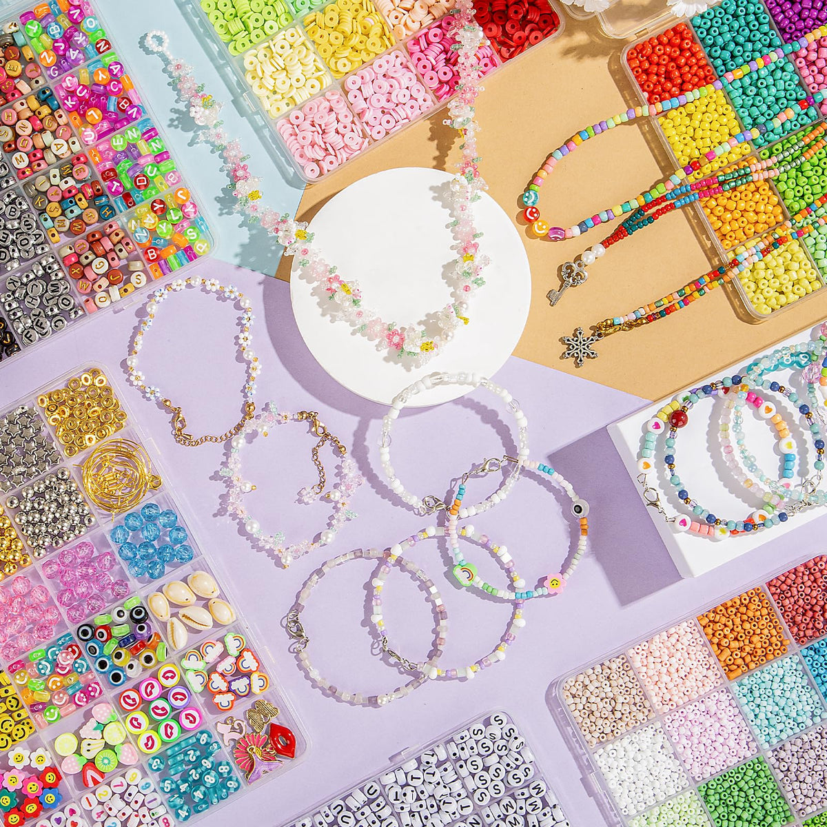 Goldwise Friendship Bracelet Kit, 16000 pcs with Seed Beads (2/3/4mm), Clay Beads, 7 Styles Letter Beads (A-Z), Variety of Charms, DIY Jewelry Making Crafts