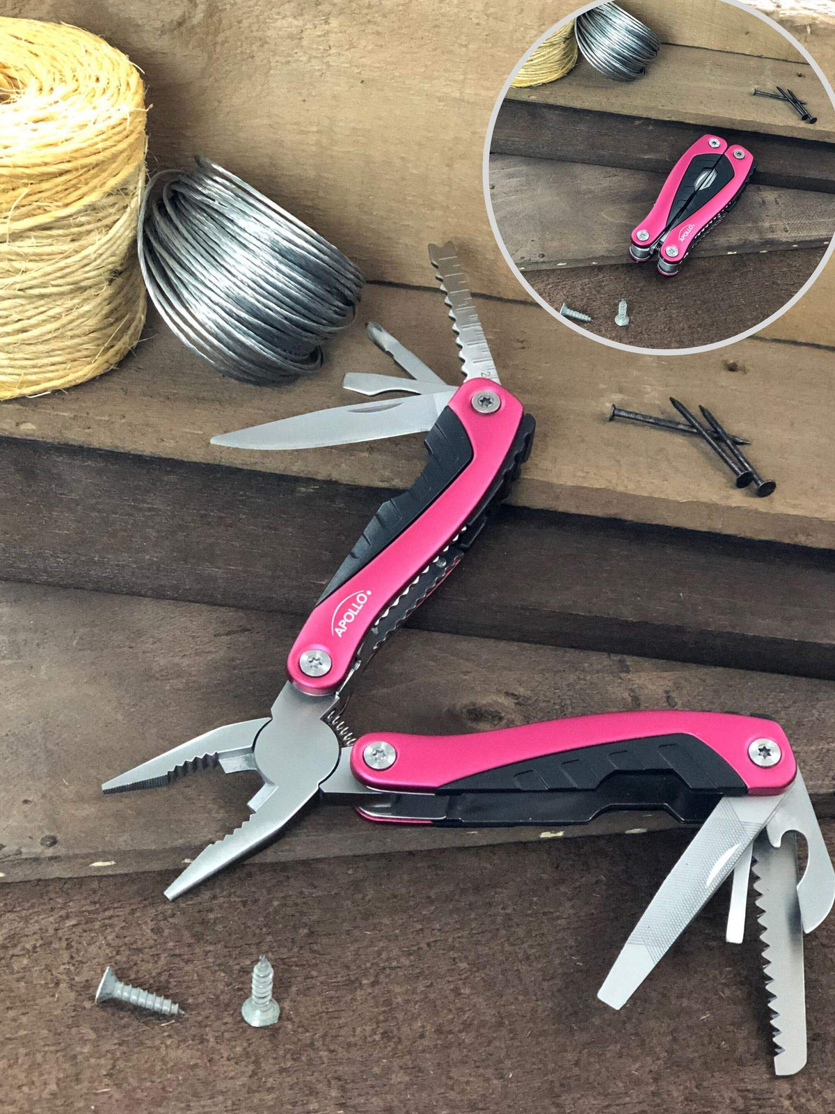 Apollo Tools 14-in-1 Steel Pocket Multitool Pliers, Dozens of Uses for Everyday Life, Repairs, Survival, Outdoors, Camping, Fishing - Pink Ribbon - Pink - DT5015P