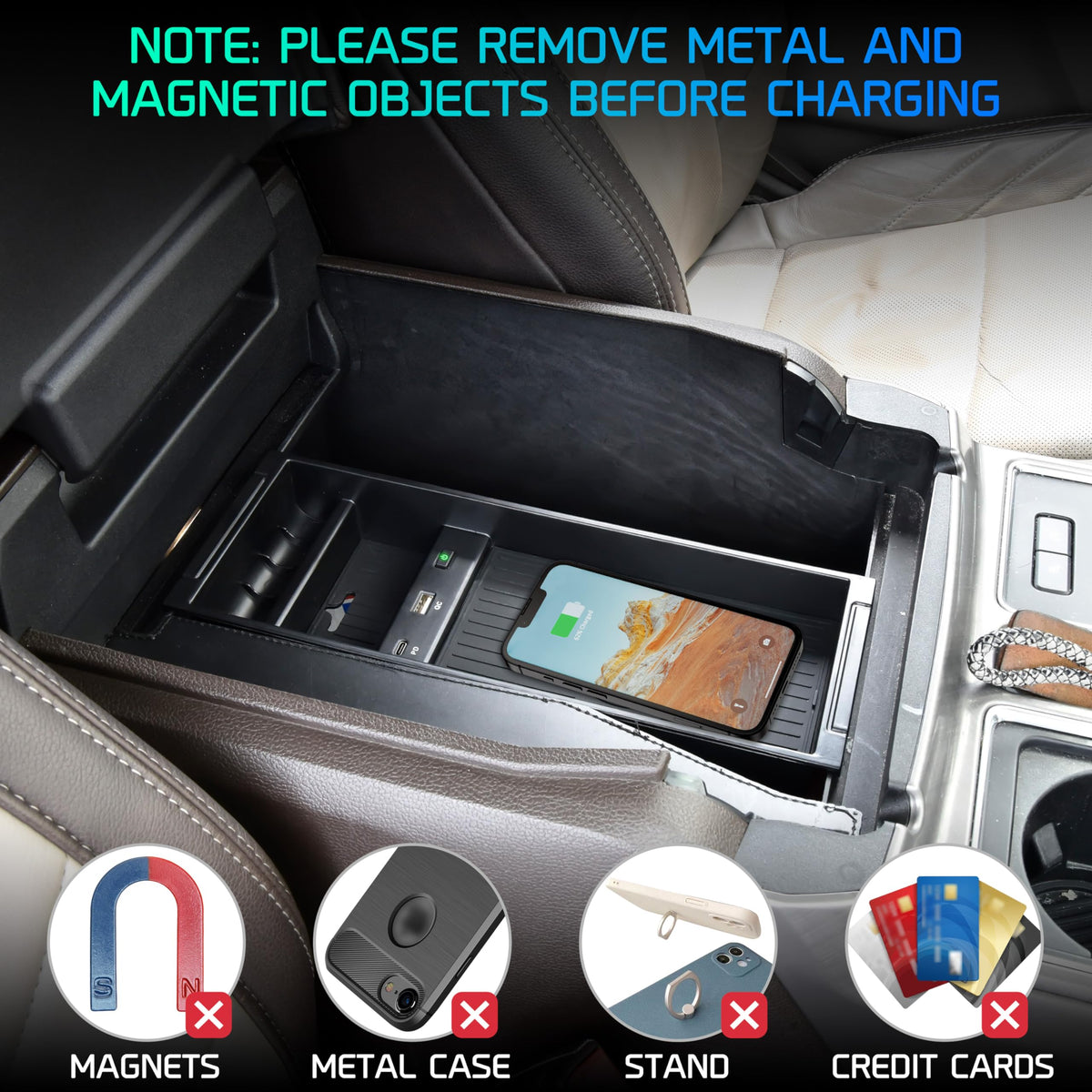 POKIAUTO Wireless Charger for F150 2009-2023, Center Console Organizer Box Fast Wireless Chargering with USB-A USB-C Port for Ford F150 2009-2021 2022 2023 Accessories