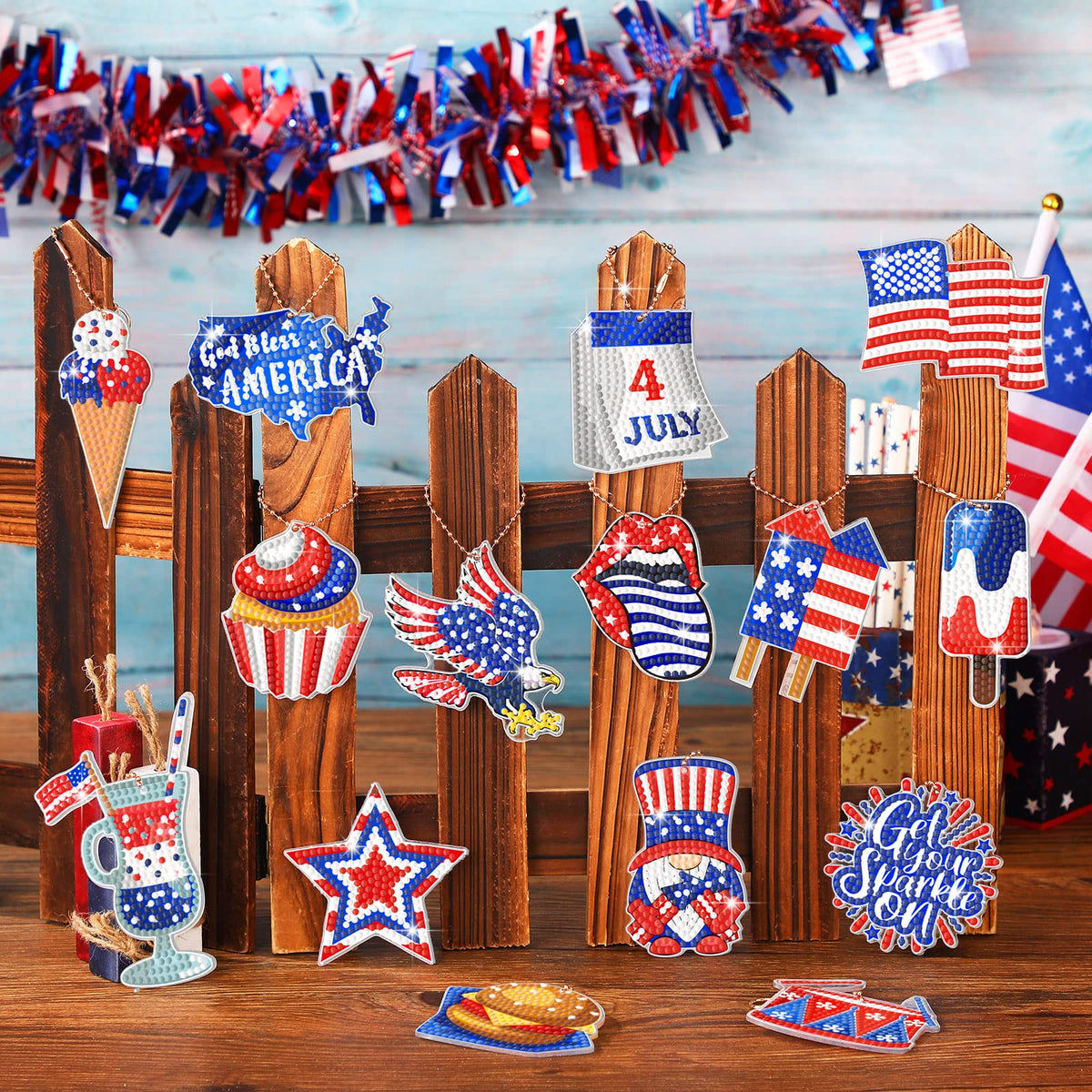 Ecally 15 Pcs Patriotic 4th of July Diamond Painting Keychains 5D DIY Art Ornaments for Independence Day Decor (Vivid)