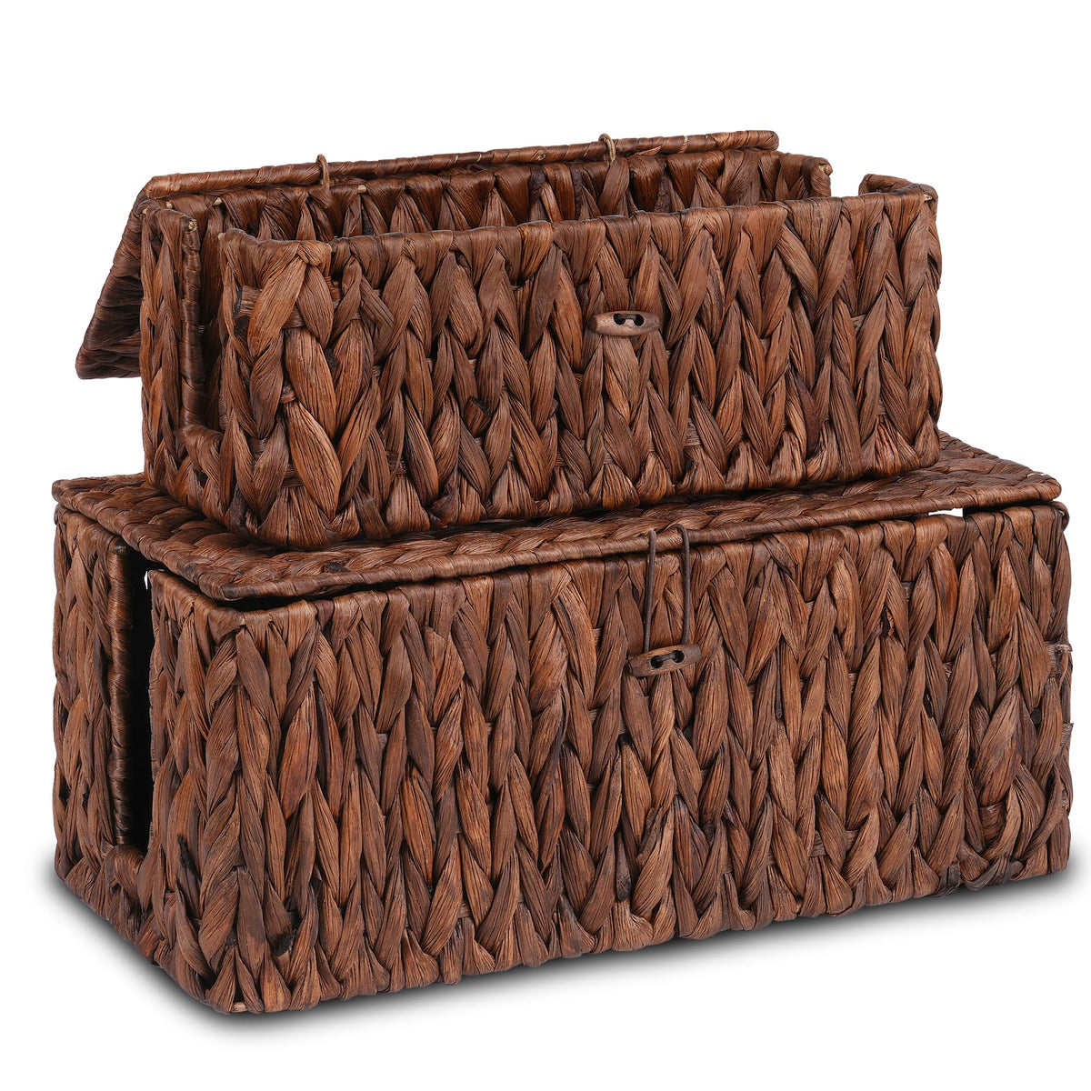 efluky 2 Pack Hand-Woven Cable Management Boxes, Water Hyacinth Cord Organizer Box with Lid, 2 Open Slots Cable Organizer Basket to Hide Power Strip and Charger for Home & Office and Dorm,Brown