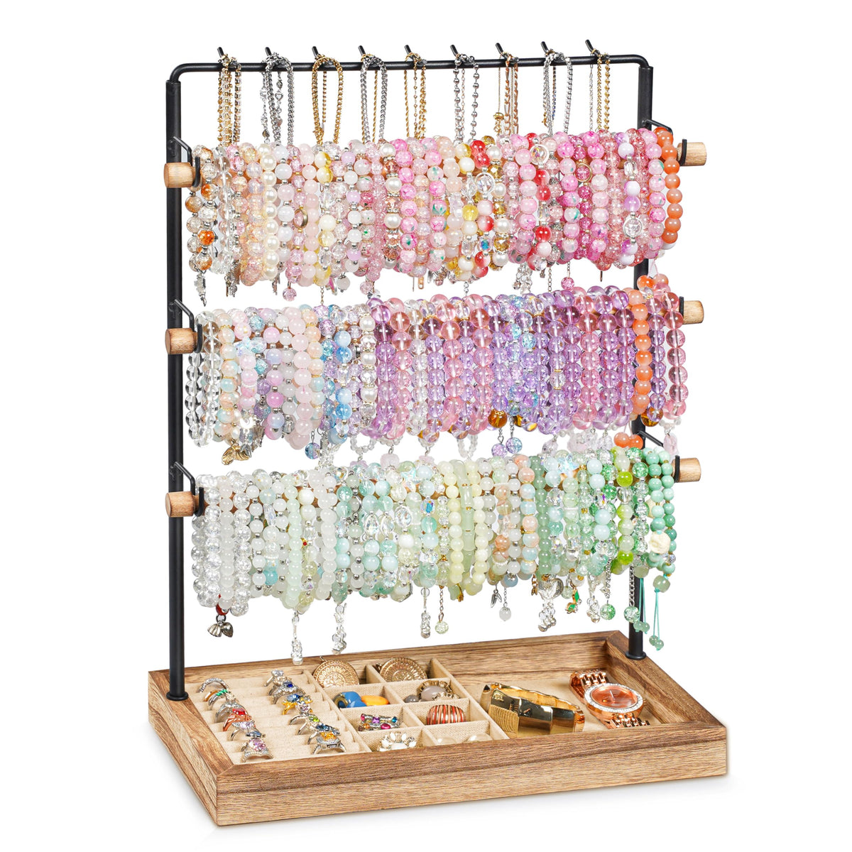 Emfogo Jewelry Organizer Stand, 5 Layer Wood & Metal Bracelet Holder with Necklace Holder Pole, Large Capacity Jewelry Display Holder for Bracelets Necklaces Rings Watches Scrunchies (Rustic Brown)