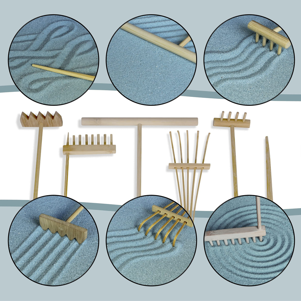 Oasis of Calm Zen Garden Kit. 11x8 Inch Beautiful Premium Japanese Decor Mini Meditation Gifts Set. Home, Office Desk Accessories. Zen Decor Sand Garden. Aqua Blue Sand, 6 Tools, 6 Features incl rocks