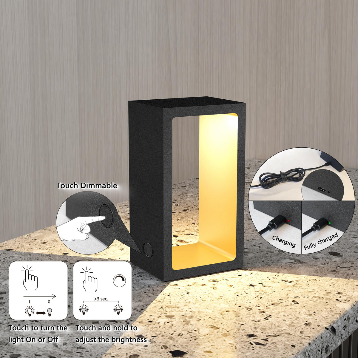 Minimalist Portable Cordless LED Desk Lamp, Adjustable Brightness Bedside Night Light, 7" High Aluminum Metal Table Lamp Battery Operated, Rechargeable Wireless Table Lamp for Home (Black + Gold)