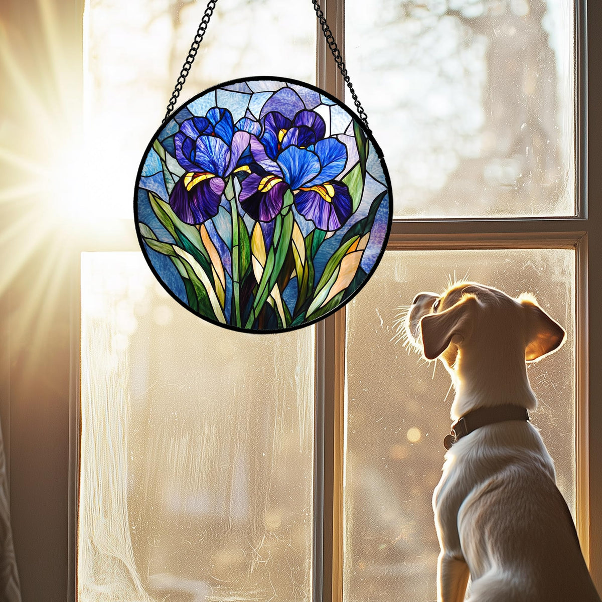 CRISGIF Stained Glass Window Hanging - Blue Purple Iris Flower Suncatcher for Door Garden Patio Sun Catchers Decor Christmas Mother's Day Birthday Gifts for Women Men Mom Nana Aunt Friend 6.3 in