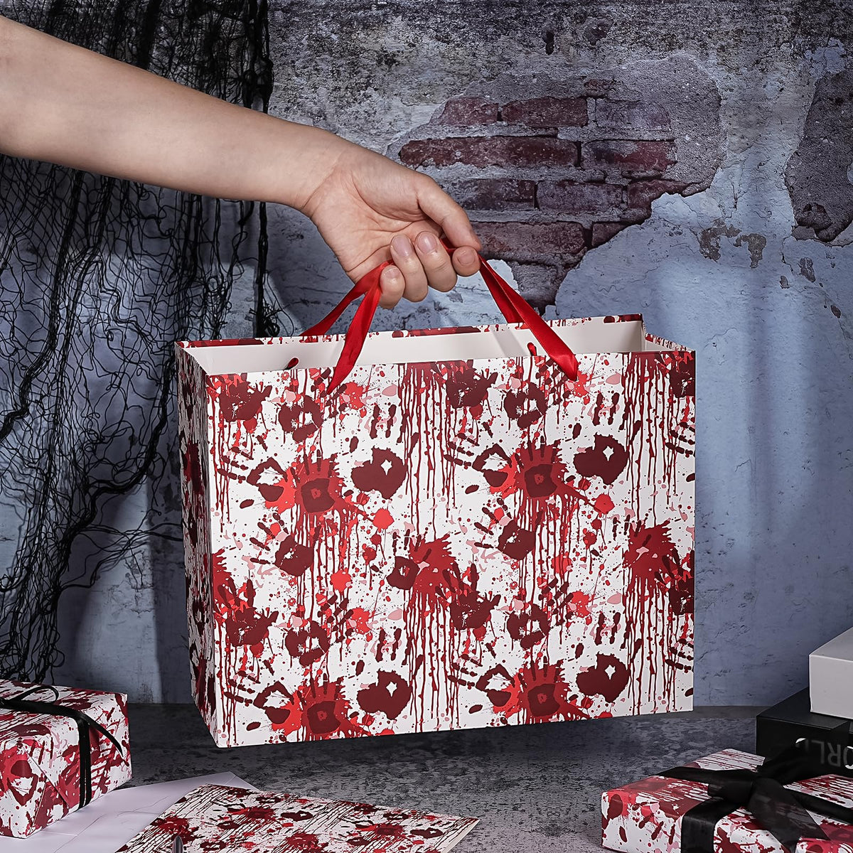 WRAPAHOLIC Bloody Halloween Large Gift Bags with Tissue Paper and Card - 10 x 5 x 13 inch - Spooky Blood Splatter and Handprint Halloween Paper Bags for Holiday, Party Gift Wrap (Pack of 2)