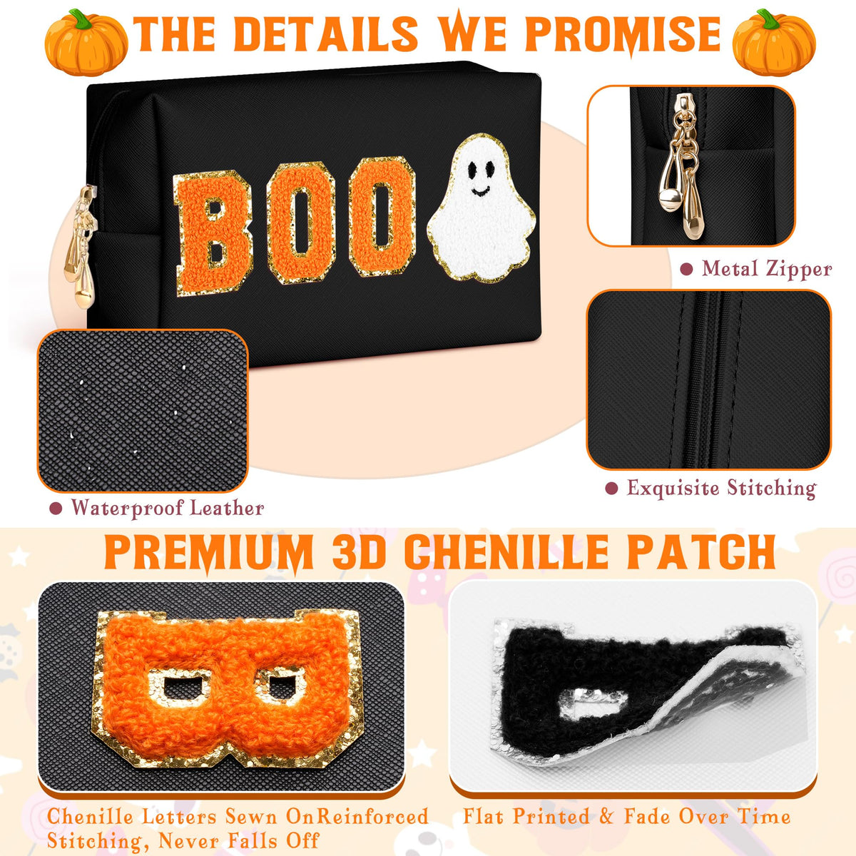 Dripkiaa Halloween Makeup Bag Chenille Patch Travel Cosmetic Bag Organizer Large Capacity Toiletry Bag Make Up Bags Cosmetic Pouch, Boo Basket Gifts for Women, Girls - Black