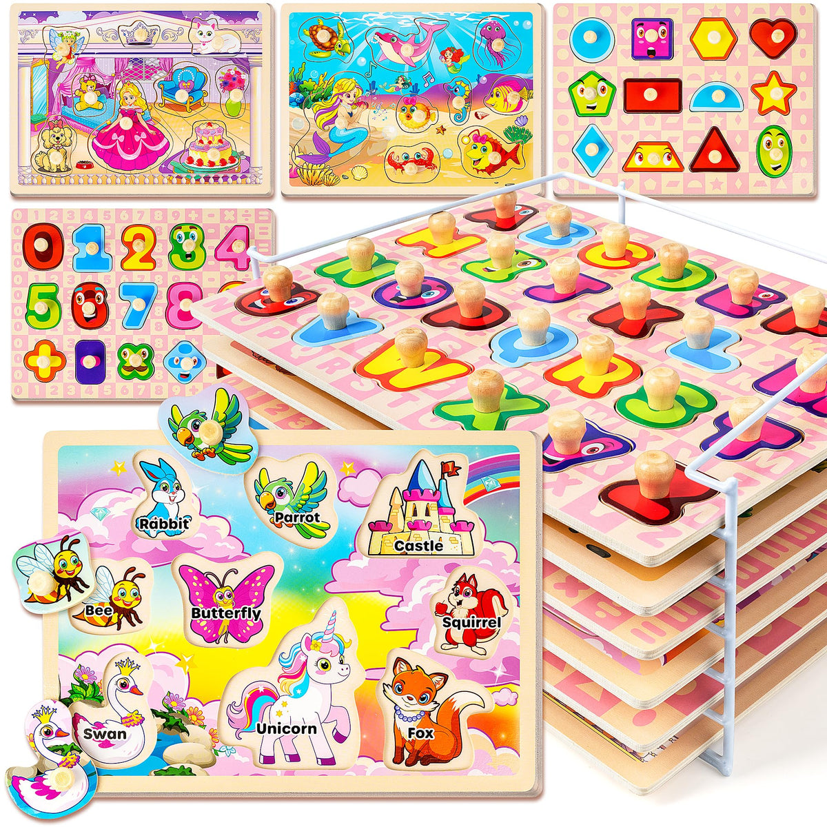 SYNARRY Wooden Puzzles for Toddlers 1-3, 6XSET Toddlers Puzzles Ages 1-3 with Rack, Learning Alphabet Number Shape Unicorn Princess Mermaid Animal, Gifts Toys for Girls Ages 2-4