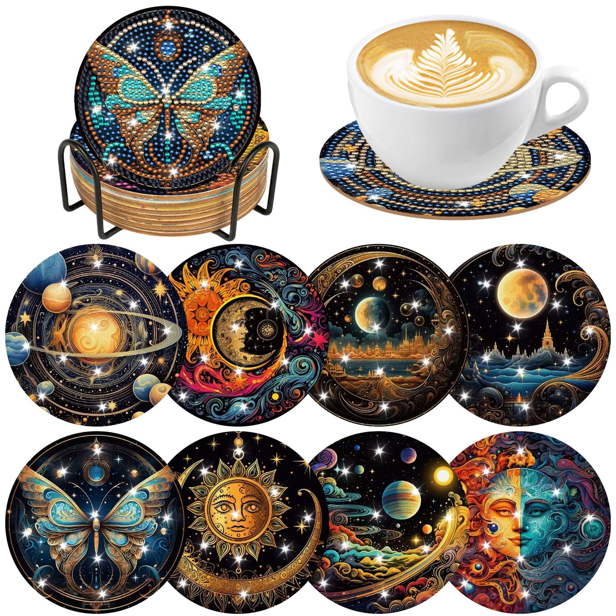 Mystical Moon Diamond Art Coasters: 8 Pcs Witchy Diamond Painting Coaster with Holder and Cork Pads, Celestial Diamond Art Coasters for Adults Beginners DIY Crafts Home Decor Gifts
