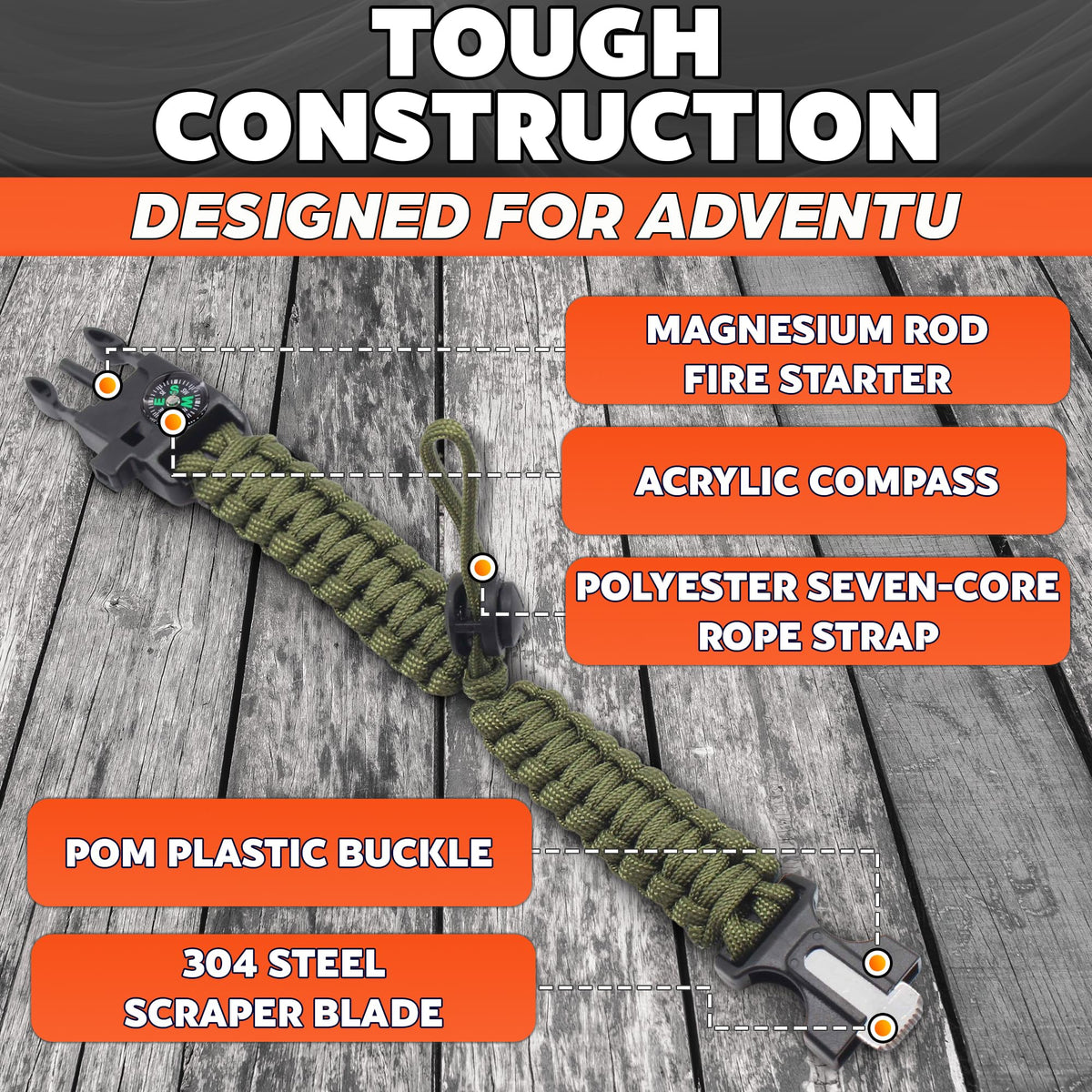 Paracord Bracelets for Men and Women – Adjustable Survival Paracord Bracelet with 11.8 ft Nylon Cord, Flint Fire Starter, Compass, Whistle & Scraper – Camping, Hiking, Fishing Gear (Black & Khaki)
