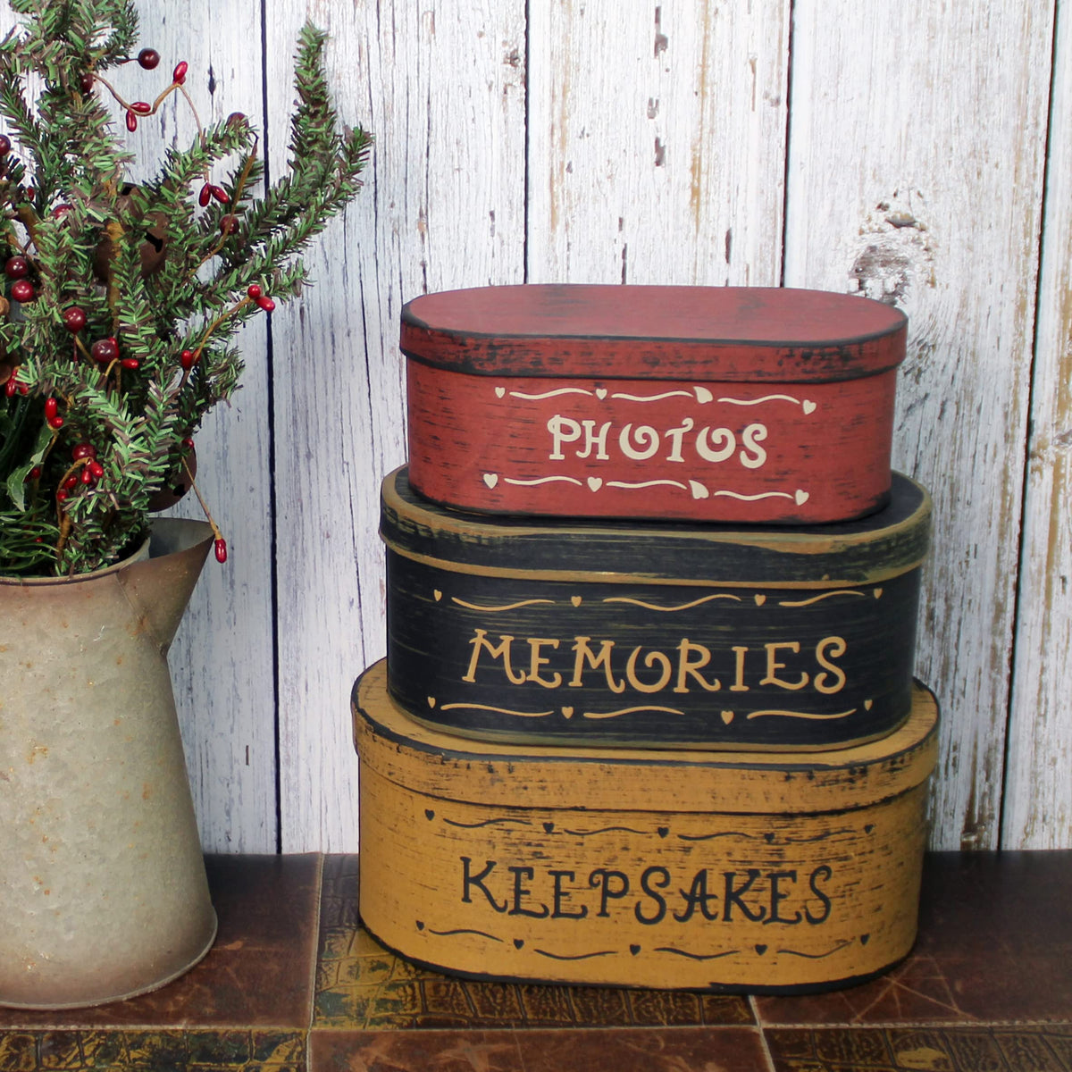 CVHOMEDECO. Primitives Antique Oval Photos, Memories, Keepsakes Cardboard Nesting Boxes, Large 9-3/4 x 5-1/2 x 4 Inch, Set of 3.