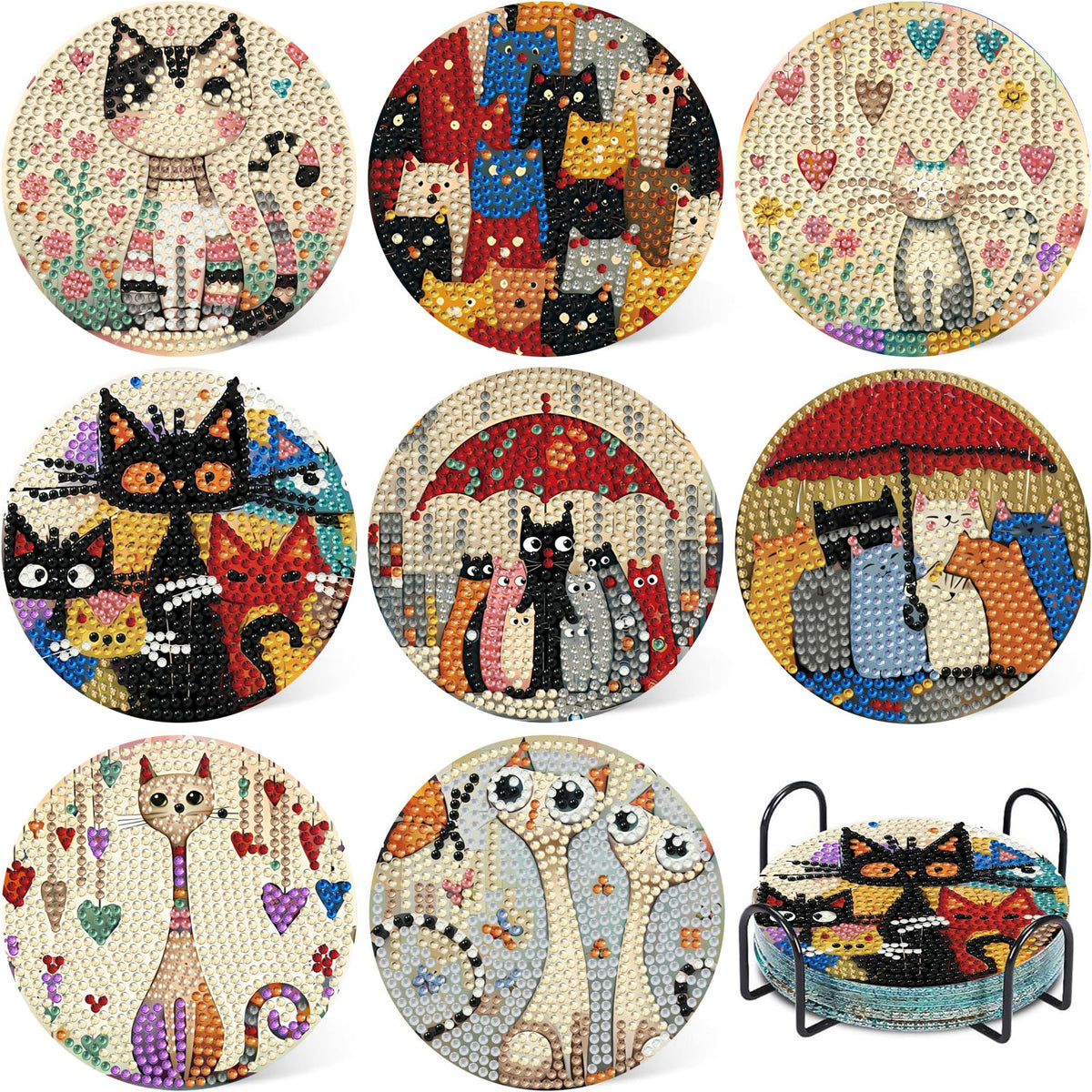 HMZephitiquc Cat Diamond Painting Coasters Kit, 8 Pcs Diamond Art Cat Coasters with Holder, 5D Small Gem Art Kit Easy Crafts, Non Slip Coaster for Home Decor Gift