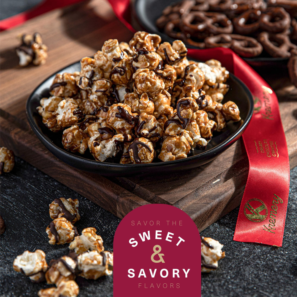 KREMERY Creamy Chocolate Cravings Mothers Day Treats, Chocolate Covered Pretzels, Nuts, Candy & Caramel Popcorn (Deluxe, 3.5 lbs) Sweet Treats in Seagrass Tray with Ribbon Kosher