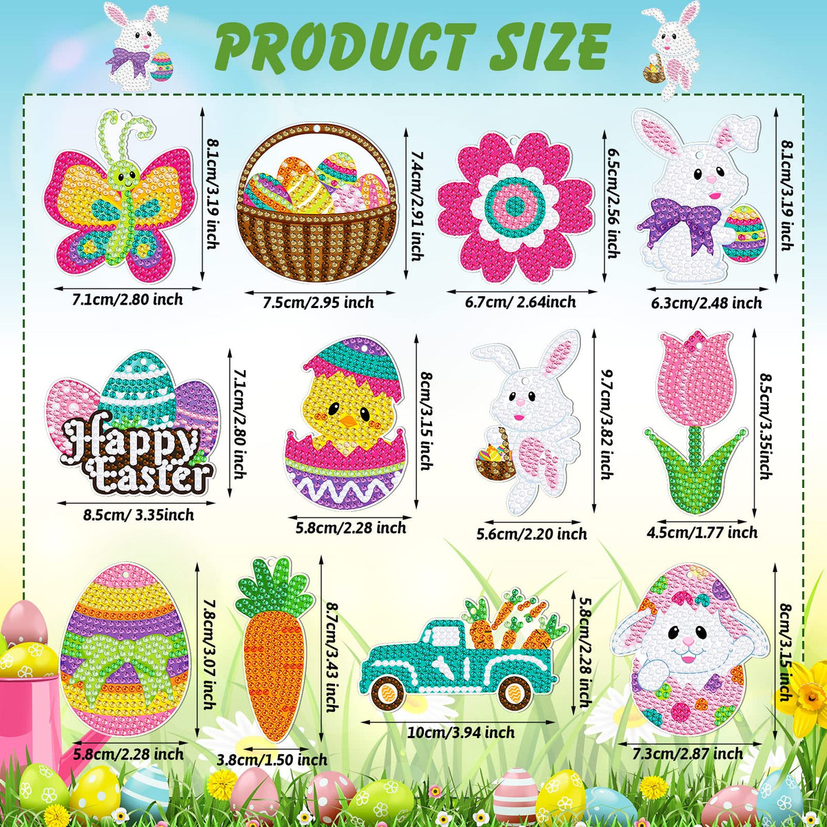 Ferraycle 12 Piece Easter Diamond Painting Kit 5d DIY Diamond Art Kits with Easter Egg Bunny Carrot Hanging Ornaments for Spring Crafts Family Decor