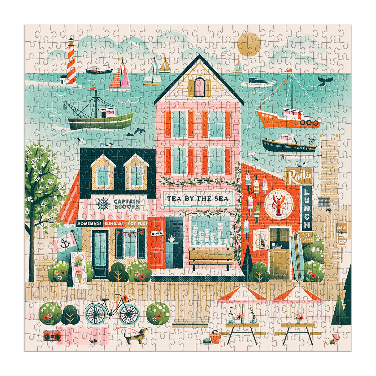 Galison Beside The Sea – 500 Piece Puzzle Fun and Challenging Activity with Bright and Bold Artwork of Charming Village and Sea Scenery for Adults and Families