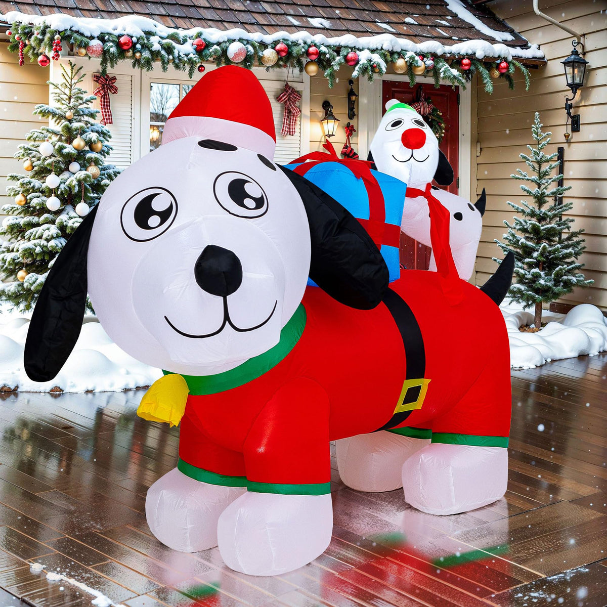 PRESENCE Christmas Inflatables Outdoor Decorations - 5FT Christmas Blow Up Dog Family LED Lights with Gift Box, Winter Decor Xmas Kids Gift for Outdoor Yard Decorations
