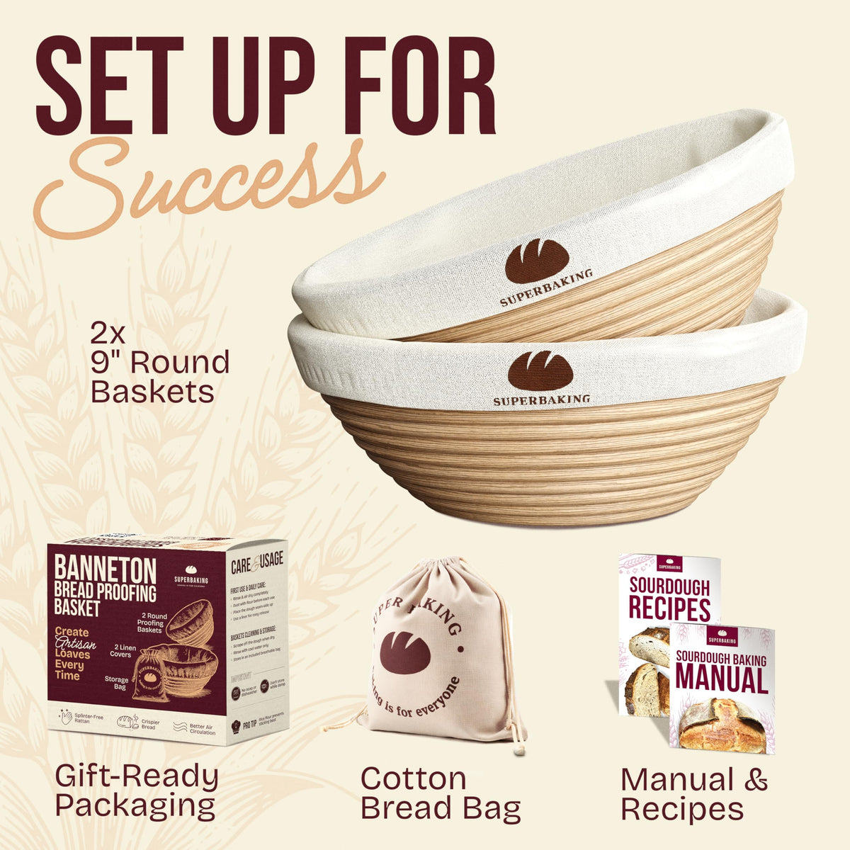 Superbaking 2 pcs Banneton Bread Proofing Basket, 9" Splinter-Free Round Rattan Bread Basket with Liners, Sourdough Starter Kit, Sourdough Bread Baking Supplies & Sourdough Kit, Bread Making Tools