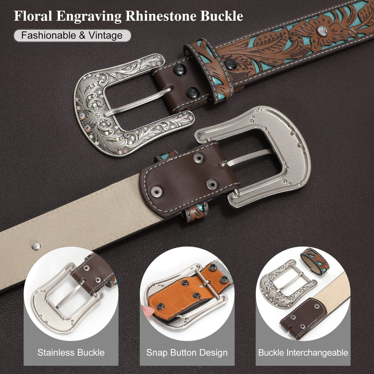 XZQTIVE Women Men Genuine Leather Belt Vintage Ladies Western Belt Engraved Tooled Leather Belt Cowboy Cowgirl Country Belt
