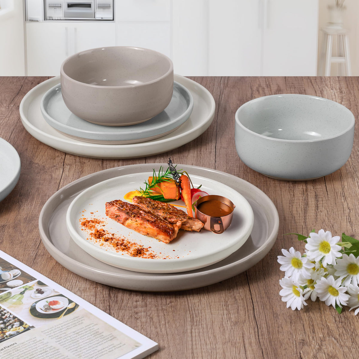HaWare Stoneware Dinnerware Sets, 18-Piece Plates and Bowls Set for 6, Dishes Set for Home Restaurant, Speckled Multicolor