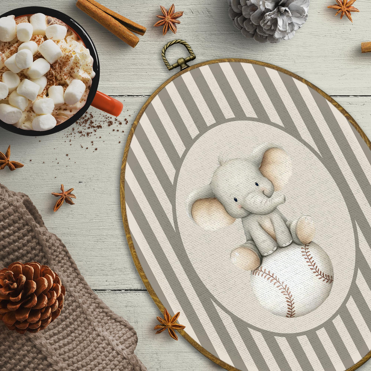 CUANFDDSF Elephant Baseball Nursery Oval Wall Art Decor, Sports Wall Hanging Decor, Neutral Striped Baseball Wild Animal Framed Canvas Prints for Kids Boy Nursery Room Bedroom Playroom, 8.6x11.4 Inch