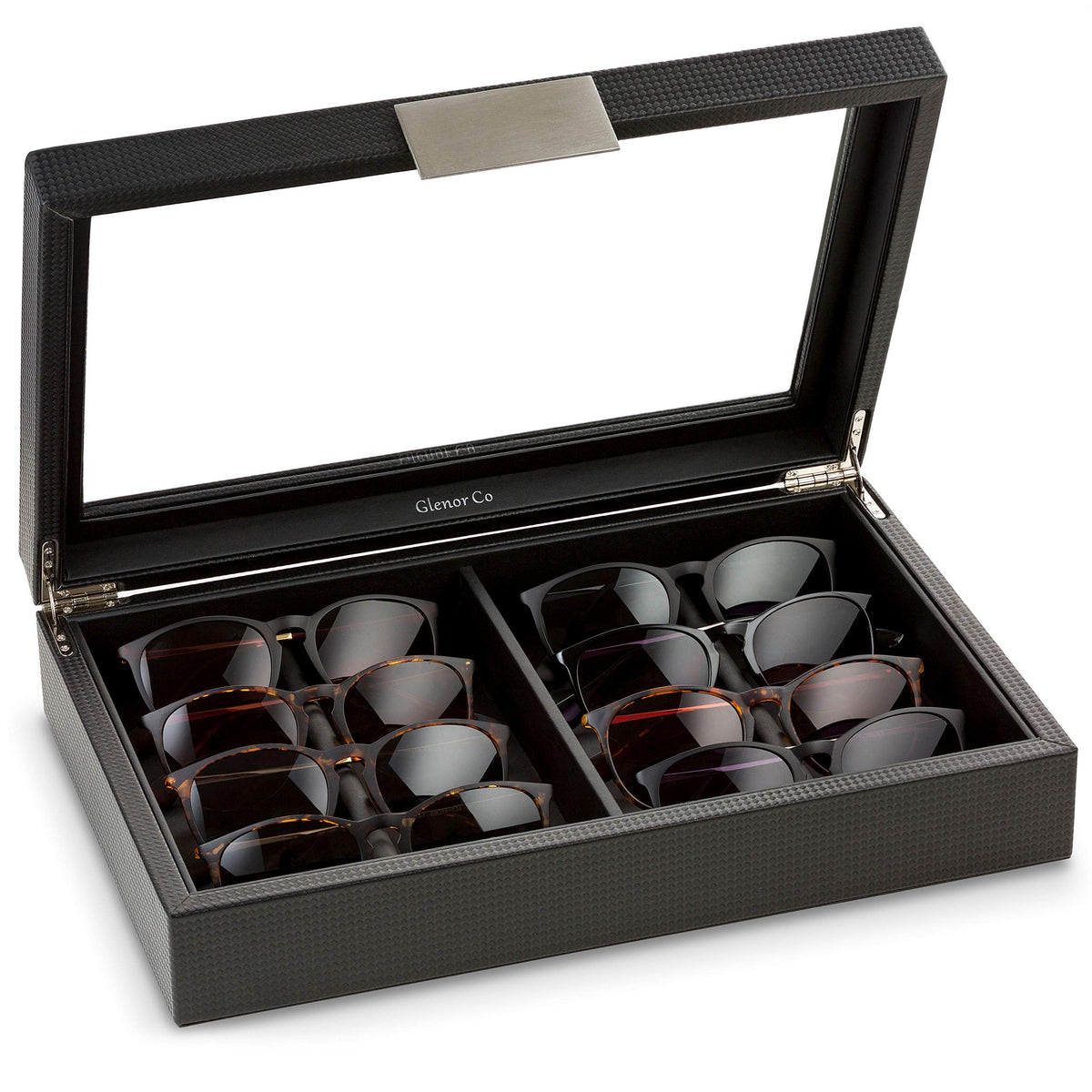 Glenor Co Sunglasses Organizer Case - 8 Slot Storage Holder to display Sunglass/Eye Glasses - Modern Box with Clear Glass Top and Metal Buckle for Men and Women - Carbon Fiber Leather Design - Black