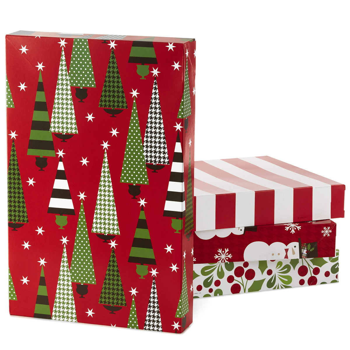 Hallmark Medium Christmas Gift Boxes with Lids (12 Shirt Boxes, 4 Designs: Trees, Stripes, Snowmen, Holly) for Christmas, Holiday Parties, Hostess Gifts