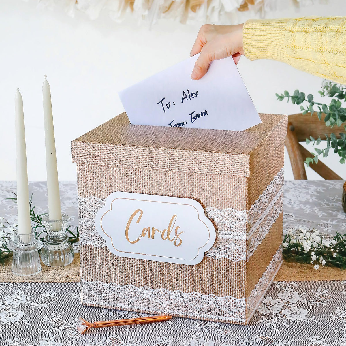 Kate Aspen Rustic Burlap & Lace Gift/Wedding Card Box, Money Box, Farmhouse Wedding Decorations For Reception - Also Perfect for Boho Baby Showers, Birthdays, Graduation