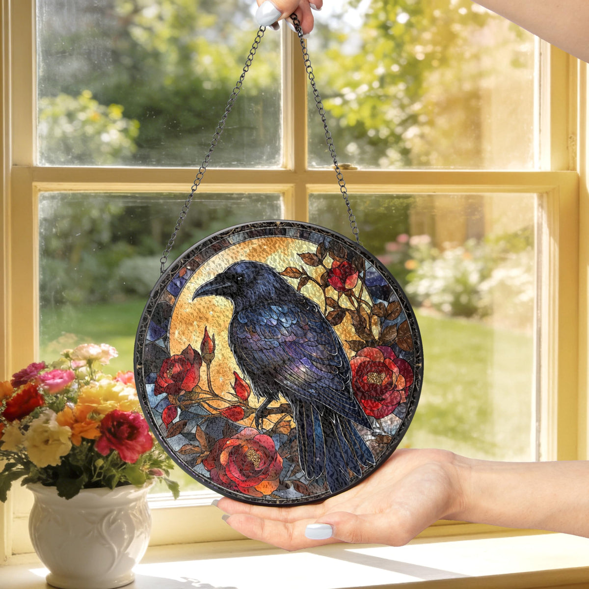 Gothic Black Raven Moon Roses Stained Glass Window Hanging Sun Catchers Dark Crow Glass Panel Hangings Crow Gift for Mom Grandma Halloween Lover Gift for Mom Holiday Ornament Housewarming 7.9inch